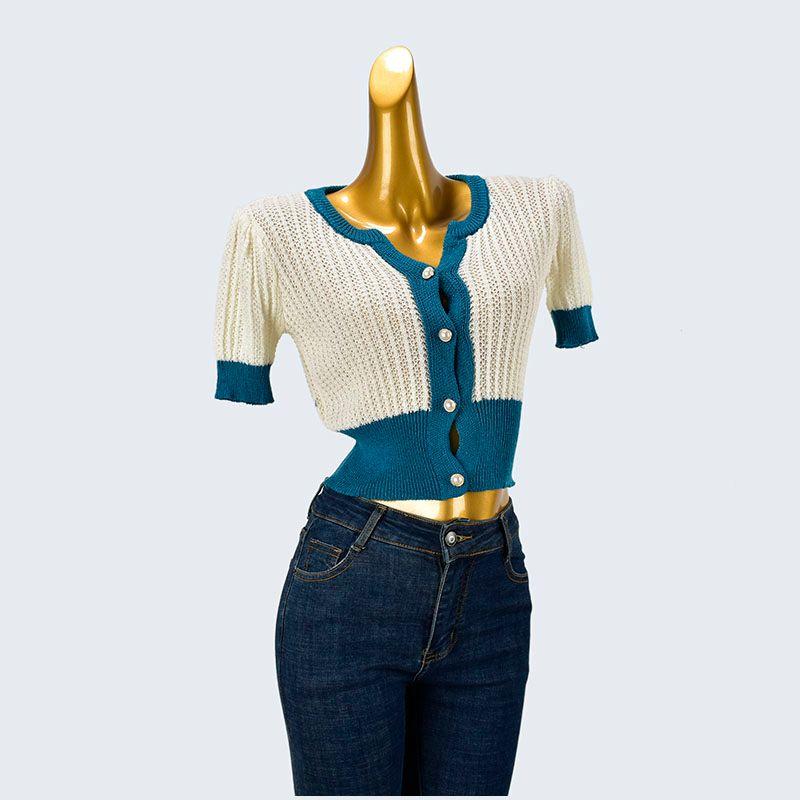 V Neck Summer Breasted Short Sleeve Contrast Color Slim Fit Stretch Puff Sleeves Women's Clothing Cardigan Jacket