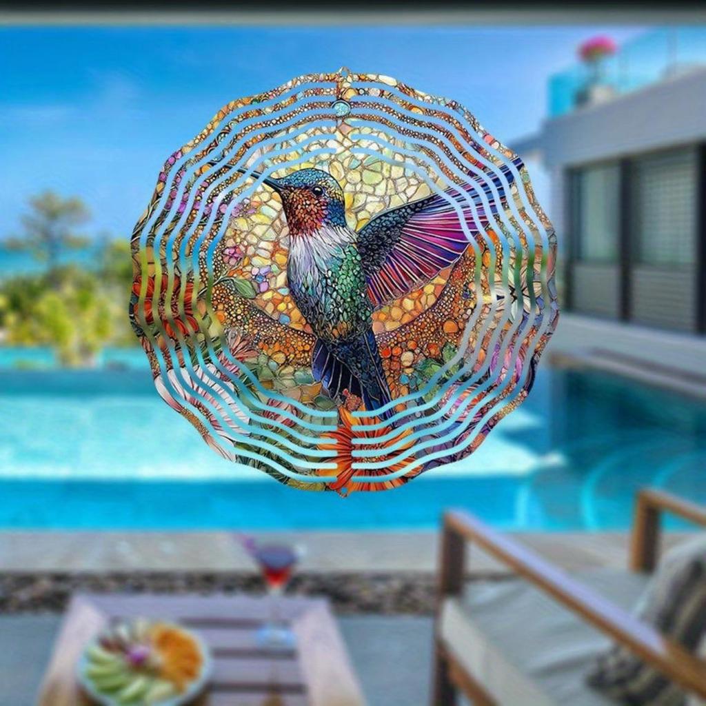 Håndlaget Kolibri Glass Vindspinner – Levende Hage- og Hjemmedekor, Kinetisk Vindklokke med Blomstermotiver