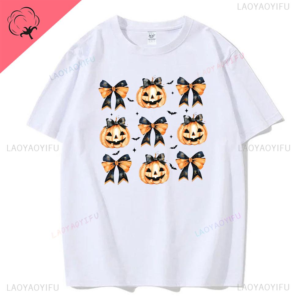 Women Ghost Pumpkin Bat Print Round Neck Pullovers Funny Halloween Costume Cotton Shirt Graphic T Shirts Y2k Top Harajuku Tops