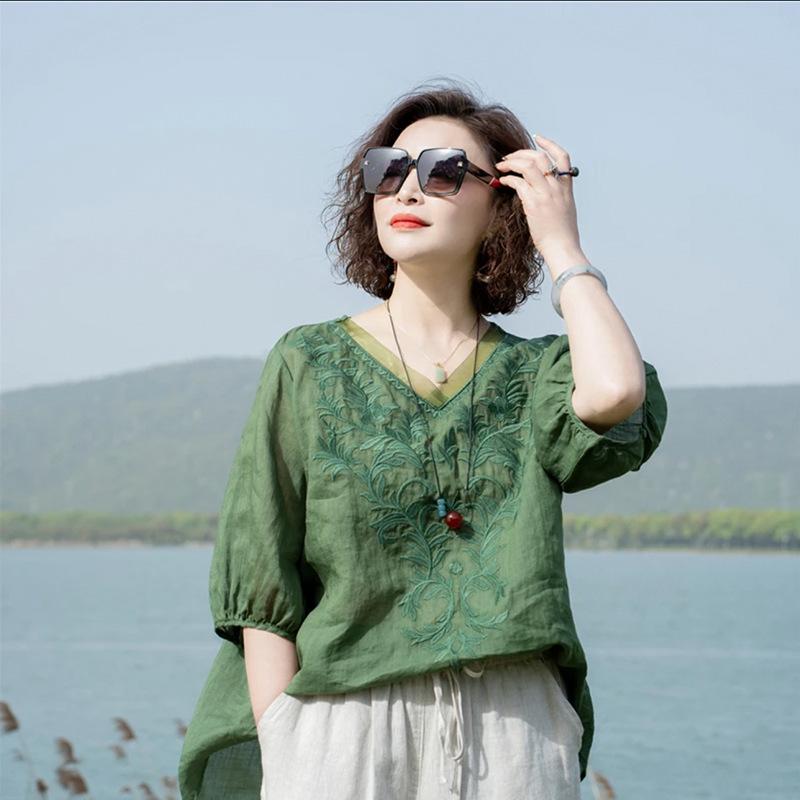 

Летняя женская блузка из рами с вышивкой - Ретро повседневная мода 2024 XXXL for 120-130 jin зелёный