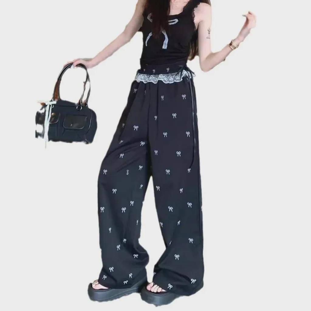 Women's Summer Lace Bow Wide-Leg Pants with Elastic Waist