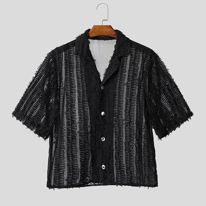 INCERUN Oversized Men Casual Lapel Neck Short Sleeve Tassel See Through Loose Shirts