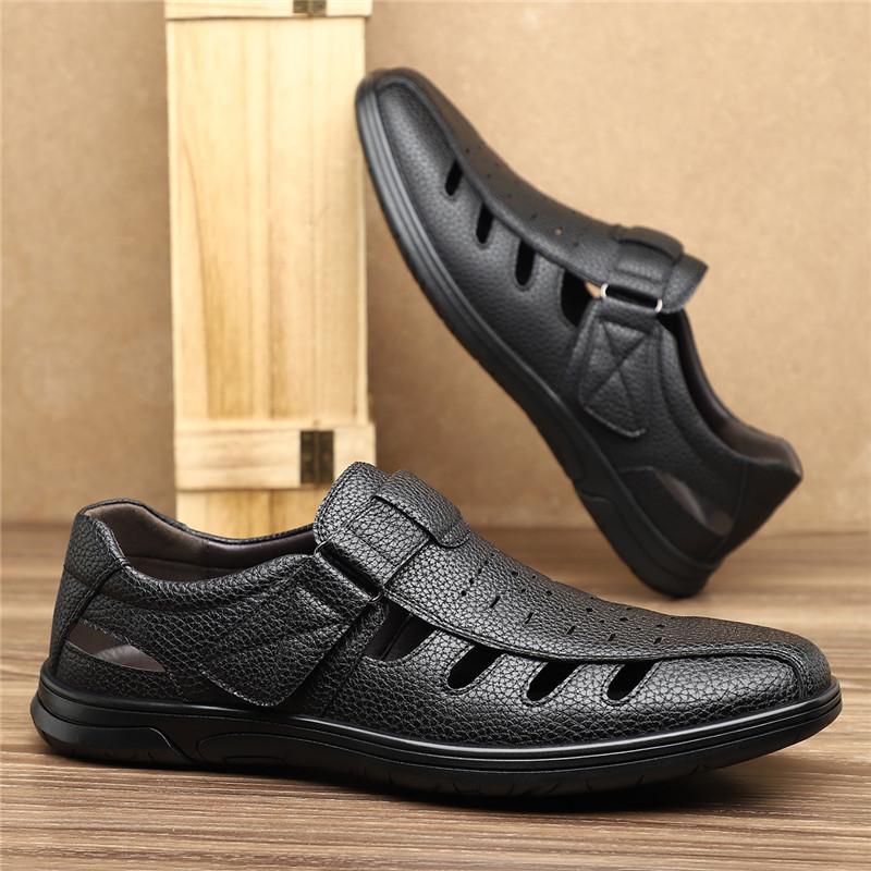Summer Fashion New Men's Leather Breathable Casual Hole Shoes Father Anti-slip Soft Bottom Father Hollow Out Leather Sandals