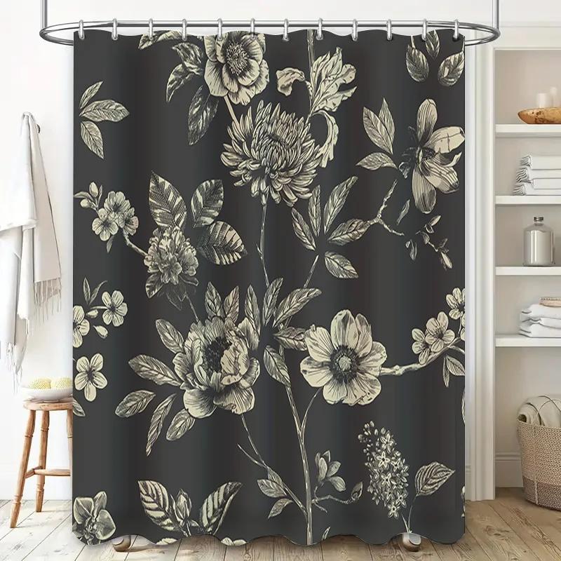 

Floral Print Shower Curtain Black White Green Flower Design Bathroom Decorative Liner Home Waterproof Fabric W60H190(CM)-1 Pcs