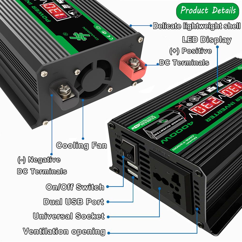 4000W Car Van Power Inverter Modified DC 12V To AC 110V/220V Charger Converter 2 USB with LED Display