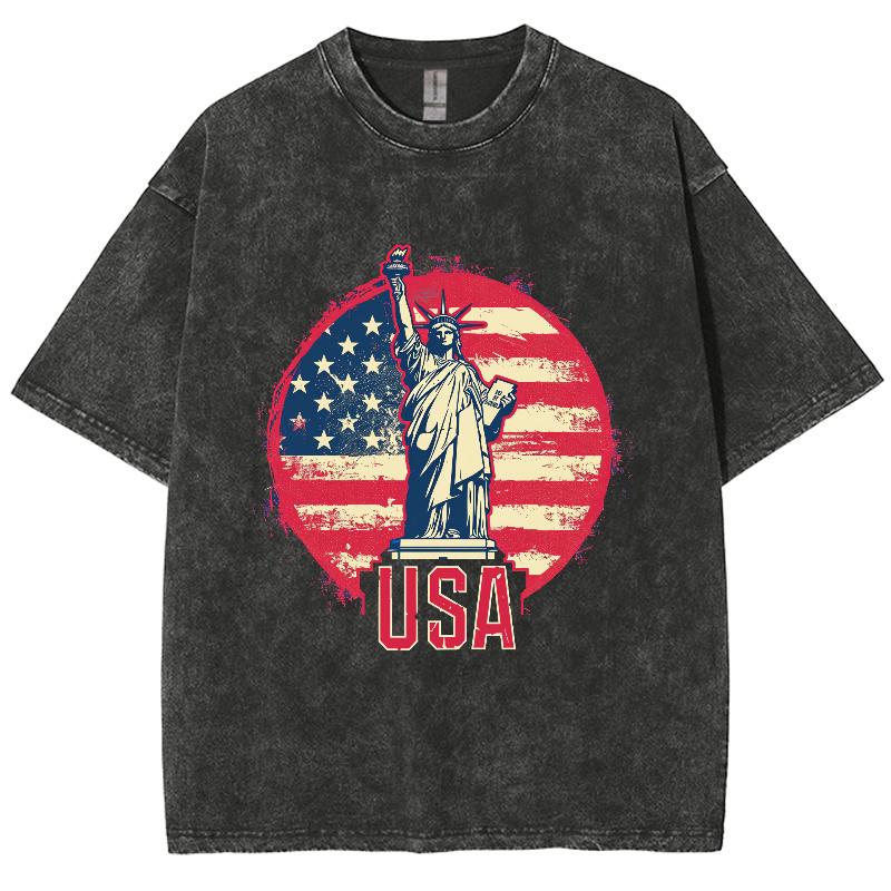 USA American Statue Of Liberty Women's T-Shirt Loose Wash Oversized Short Sleeve Fashion Simple Top