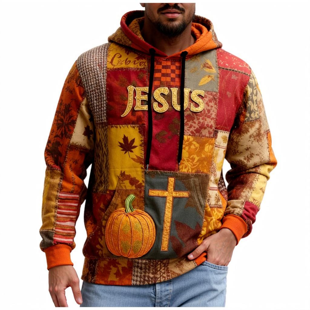 Men's Retro Casual Cross Art Print Oversized Drop-Shoulder Pockets Hoodie