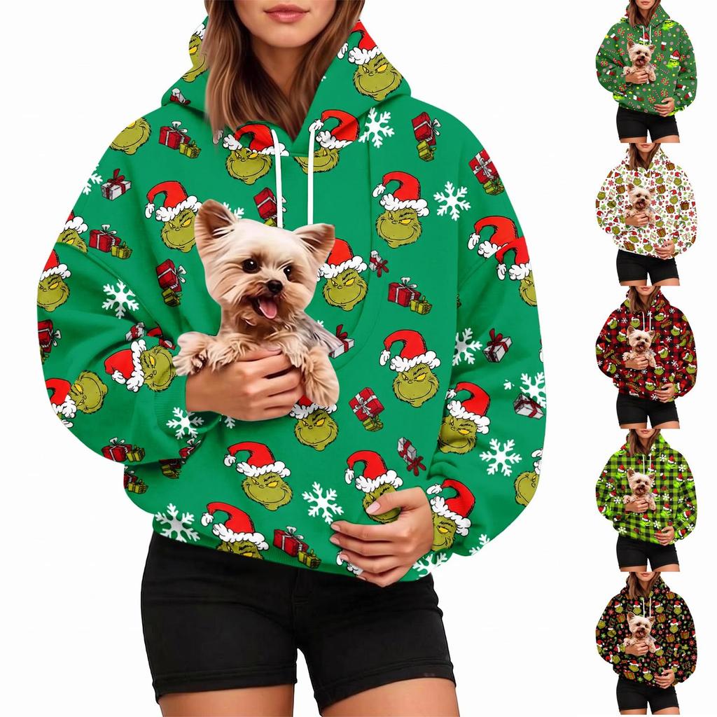 Women's Christmas Print Hoodie with Pet Pocket, Casual Long Sleeve Pullover Sweatshirt
