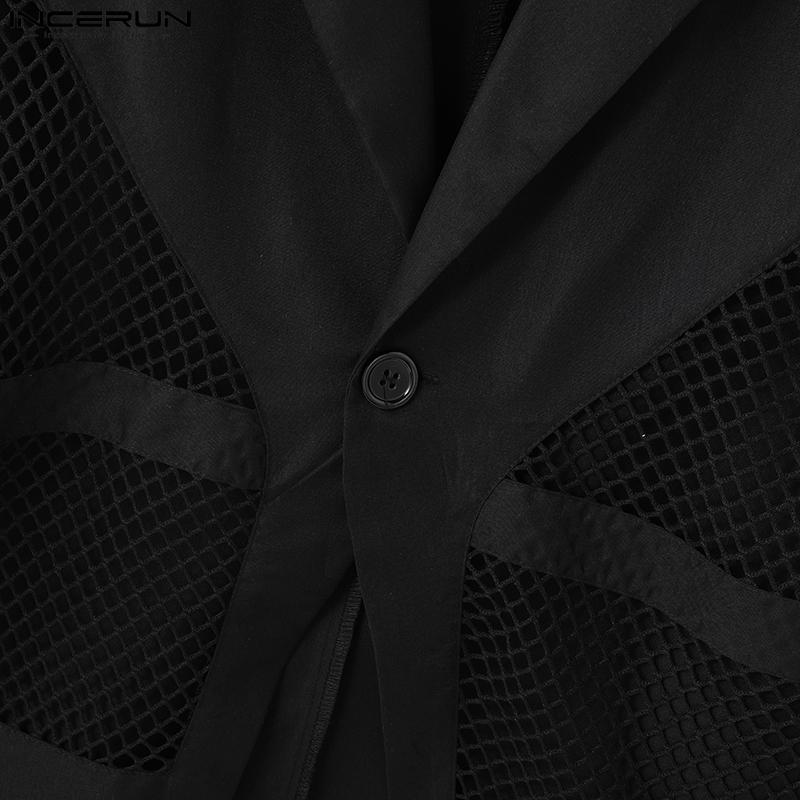 INCERUN Men Lapel Long Sleeve Hollow Mesh Patchwork One Button Casual Thin Blazer Coats