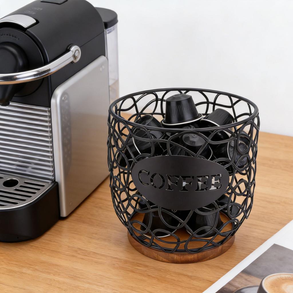 Coffee Pod Holder   Large Capacity Coffee Capsule Storage Basket with Wooden Base for Kitchen Counter   Desktop