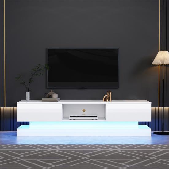 TV Media Cabinet, White High-Gloss TV Cabinet with LED Light, 2 Drawers, App Control, Anti-Tilt Design, for 60-Inch TV