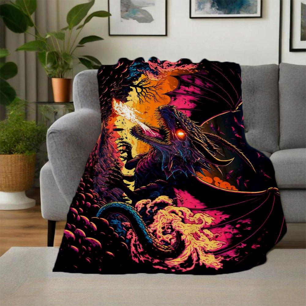 "Flaming Dragon Fantasy Art Print - Epic Creature Wall Decor"Blanket Flannel Throw Blanket for Sofa, Bed, Travel, Camping, Office, Couch, Ch