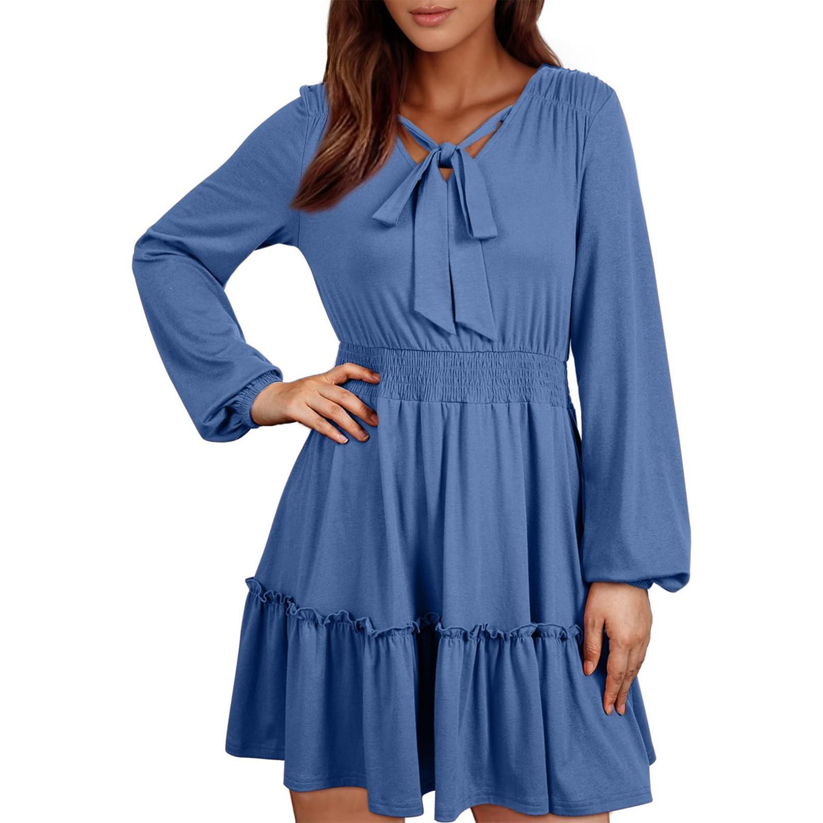 

Женские модные свободные повседневные платья с V-образным вырезом и плиссированными оборками и длинным рукавом S тёмно-синий