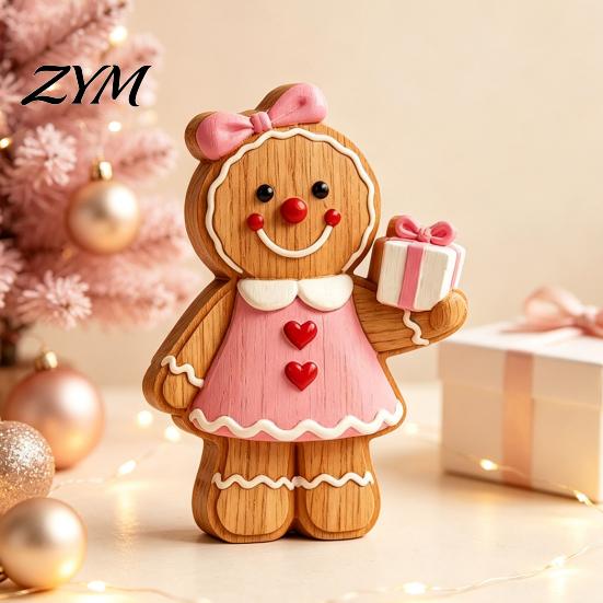 Indoor Holiday Table Centerpieces Christmas Gingerbread Man Ornament, Hand Painted Vintage Wooden Tabletop Home Decor Figurine, Rustic for Office