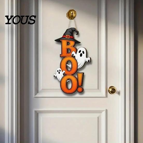 Wooden Door Decor Halloween Boo Ghost Sign, Hanger Cute Witch Hat Sign Hanging for Front Wall