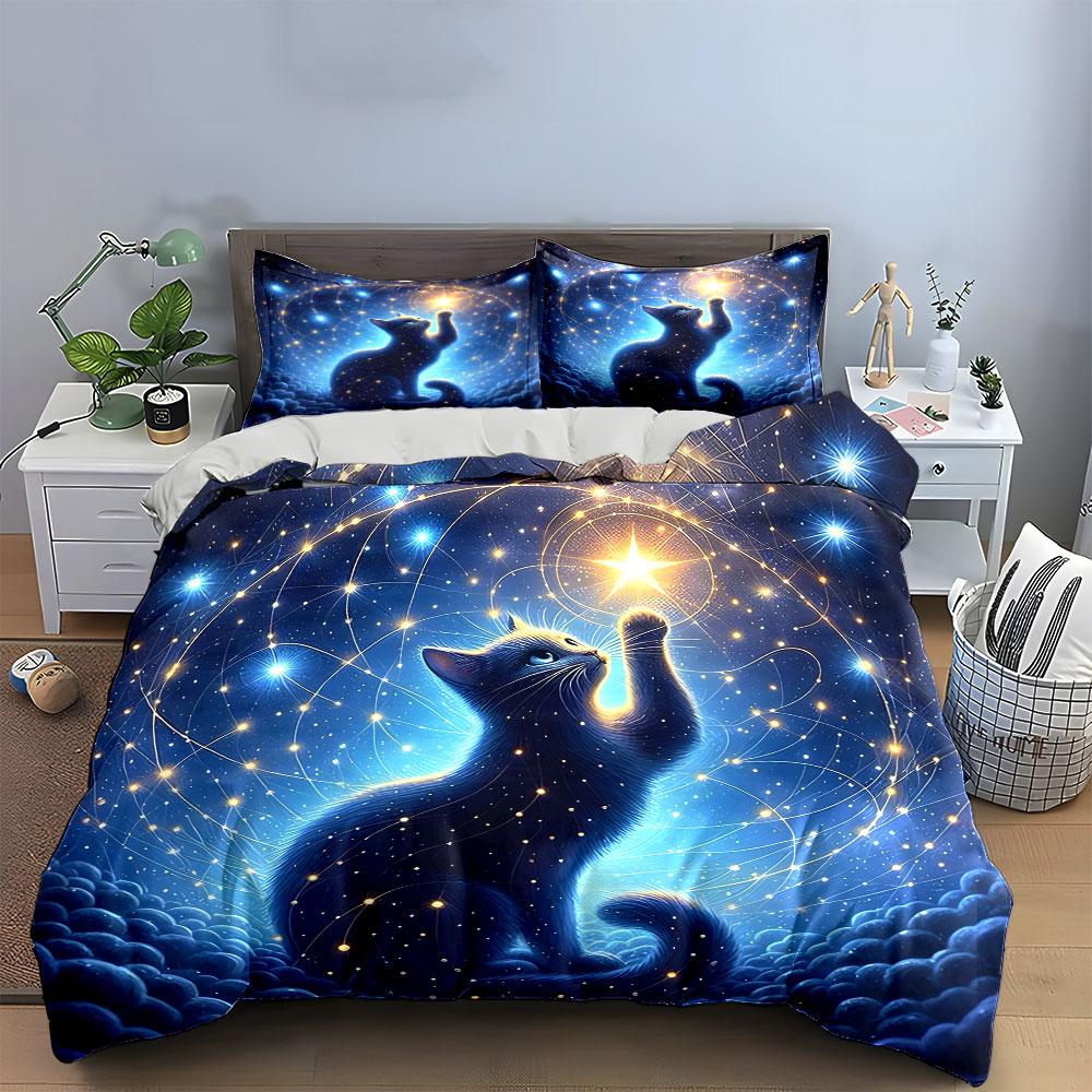 Celestial Cat Night Sky Set Exquisite Three-Piece Bedding Set Gift For Kids And Adults