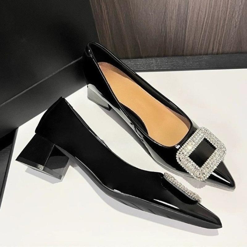 2025 New Metal Crystal Splice Women Pumps Kitten Thick Heel Elegant Party Ladies Shoes Zapatos De Mujer