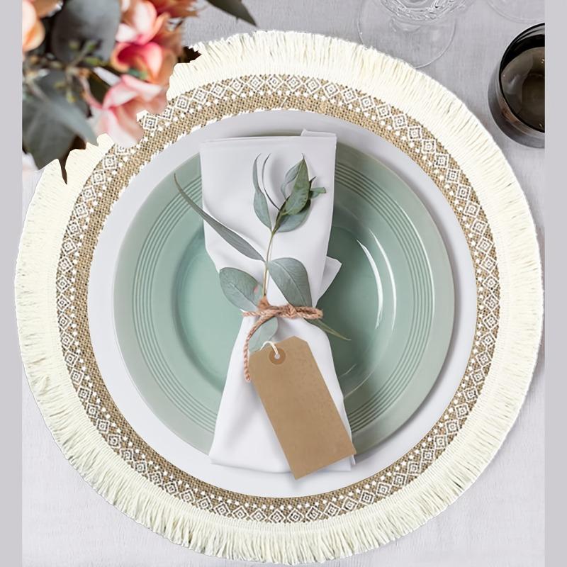 6-10pcs Bohemian Round Tassel Placemats Woven Linen Round Heat-insulating Flower Pattern Table Mats Dining Tables Decorative Mat
