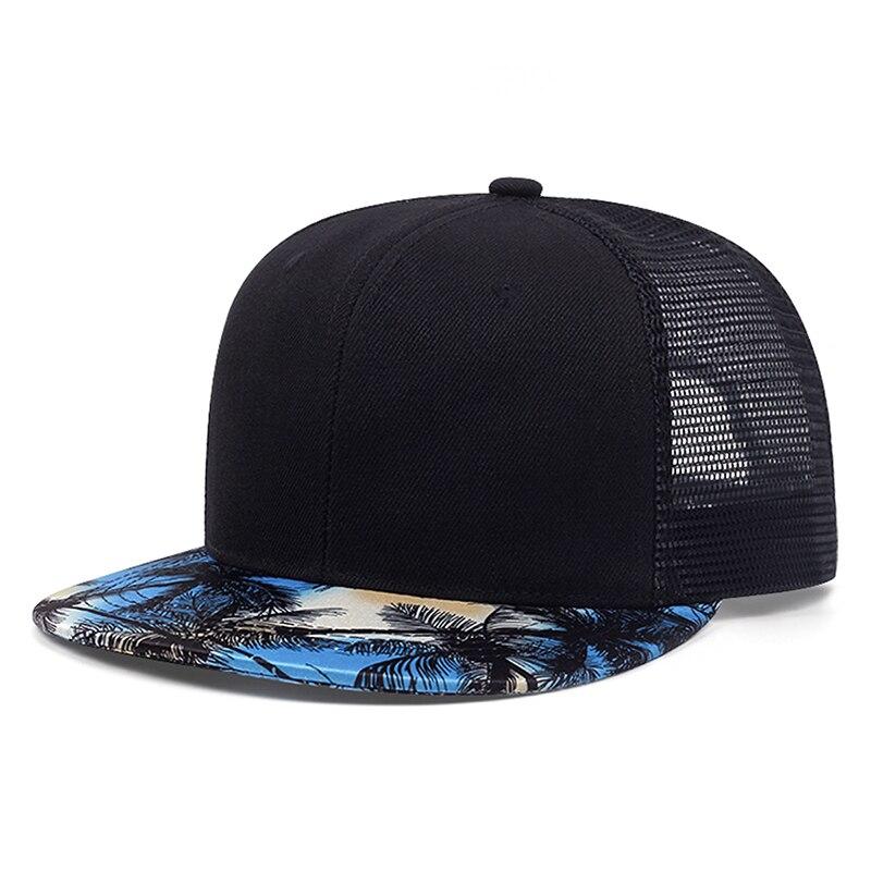 Nieuwe Hip Hop Blauwe Kokosboom Hoedrand Kleurrijk Patroon Baseballpet Rechte Gesp Mannen Snapback Pet Buiten Sport Zon Hoed zwart