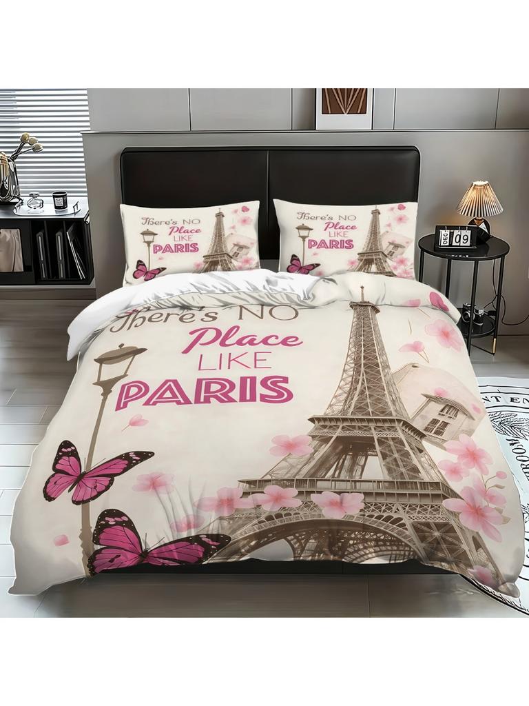 Pink Paris Architecture Eiffel Tower Print Bedding Set Soft Duvet Cover King Queen Twin Single Size Birthday Gift Bedroom Decor