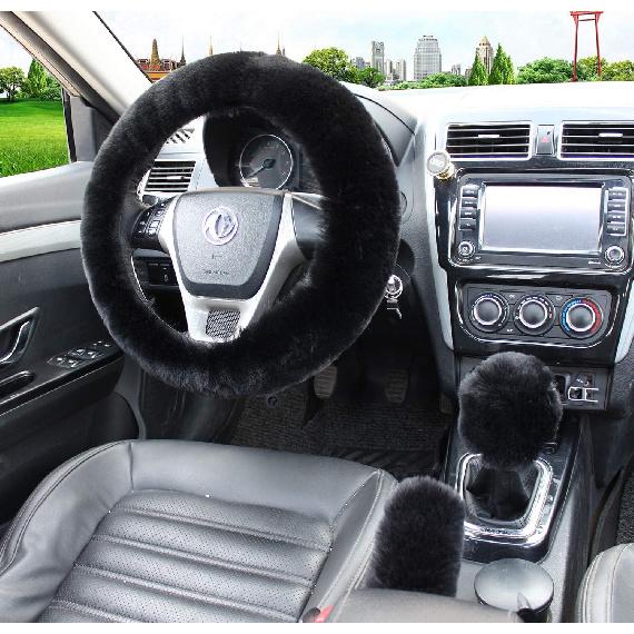 Pinbola 5Pcs In 1 Set Faux Wool Steering Wheel Cover Soft Fluffy Handbrake Cover & Gear Shift Cover & 2Pcs Seat Belt Shoulder Pads Warm Universal Fit