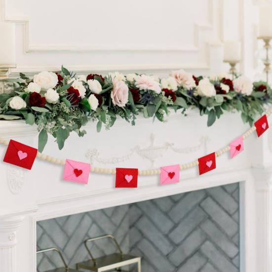 Felt Envelope Wood Bead Garland for Valentine's Day Red And Pink Romantic Hanging Bunting Garland for Wedding Anniversary Decor