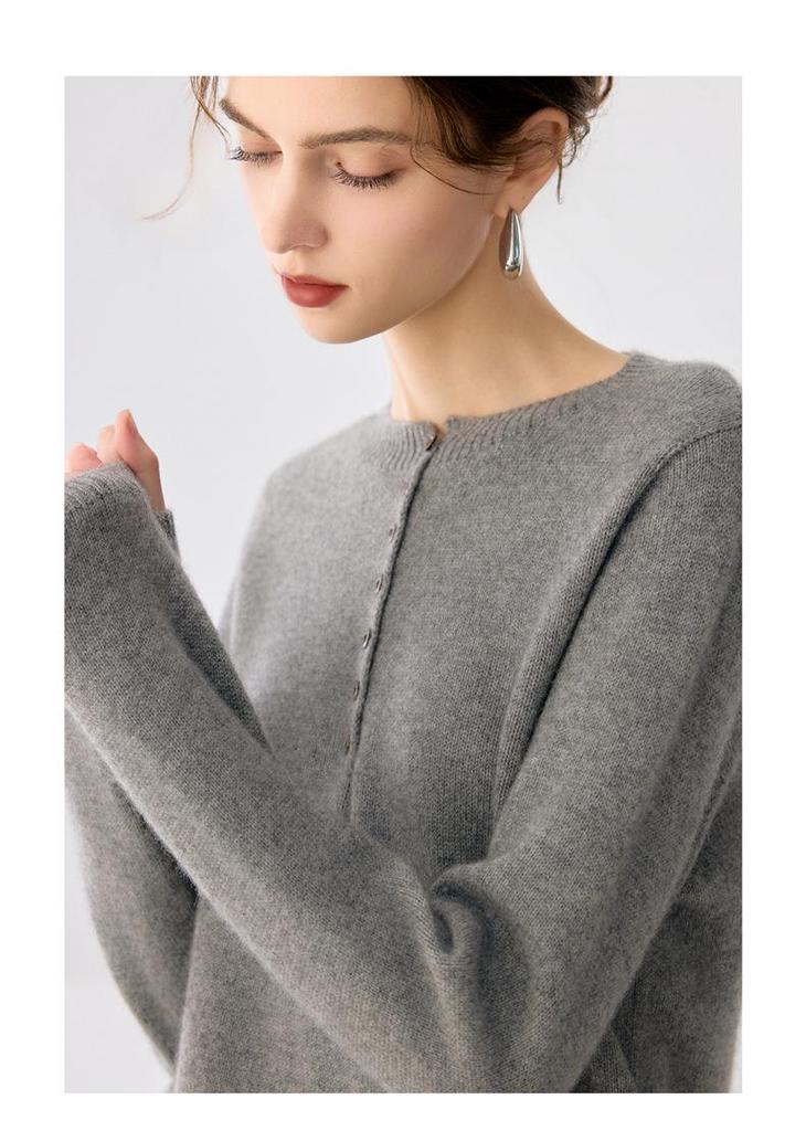 Lekasha Women's 7-Gauge Cashmere Half-Zip Round Neck Button-Up Sweater