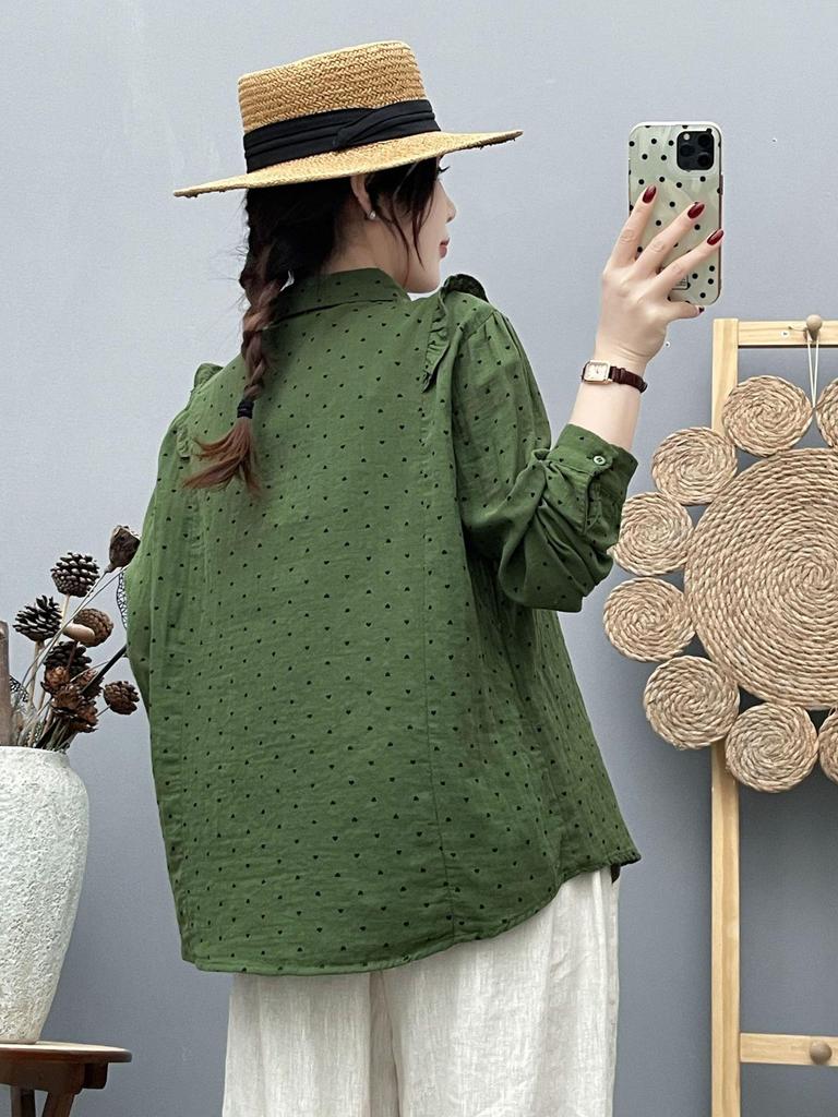 Korean Style Heart Print Ruffled Cotton Blouse for Women - Spring Long Sleeve Slim Fit