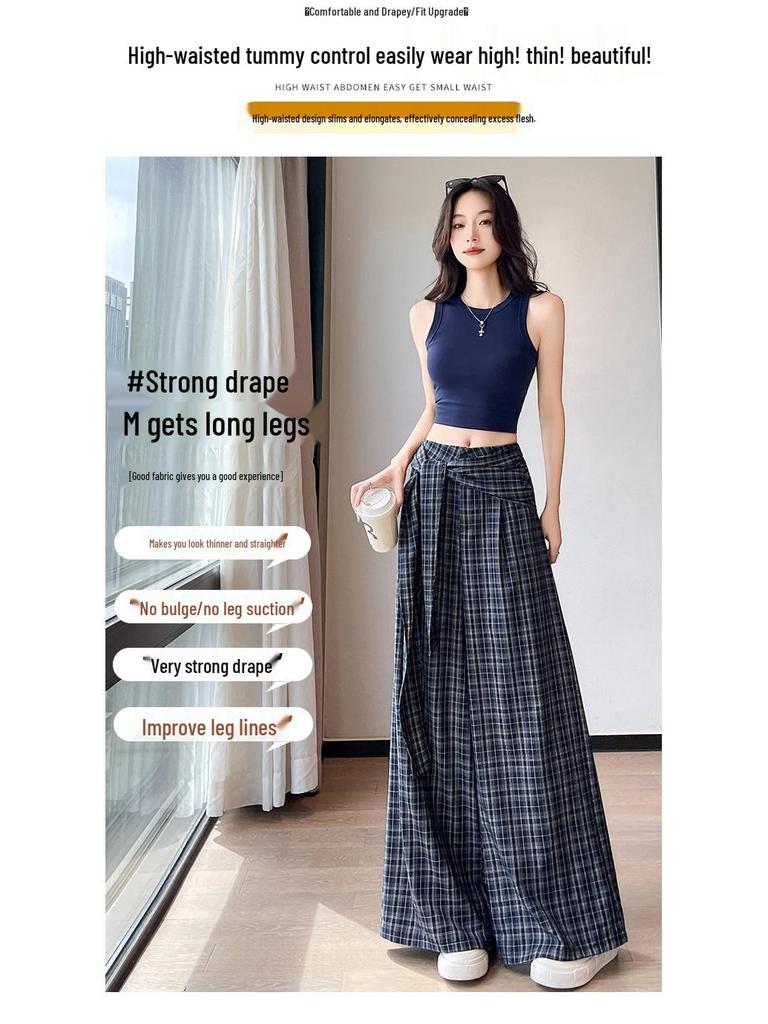 Plaid Strappy High-Waisted Wide-Leg Pants - Women's Korean Style Casual Long Pants