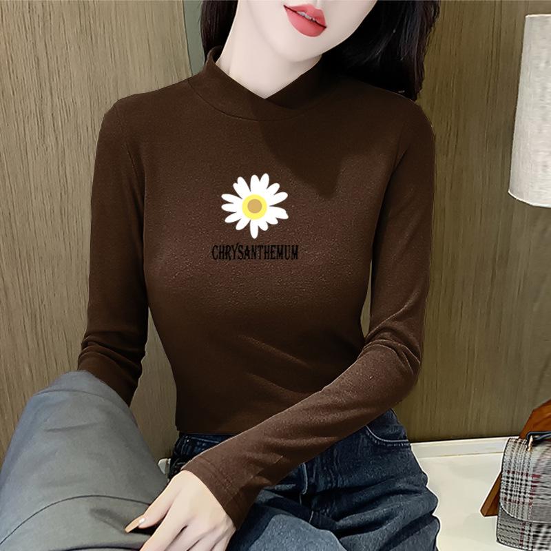 2025 Autumn/Winter Women's Double-Sided Velvet Slim-Fit Long-Sleeve Semi-High Neck Top