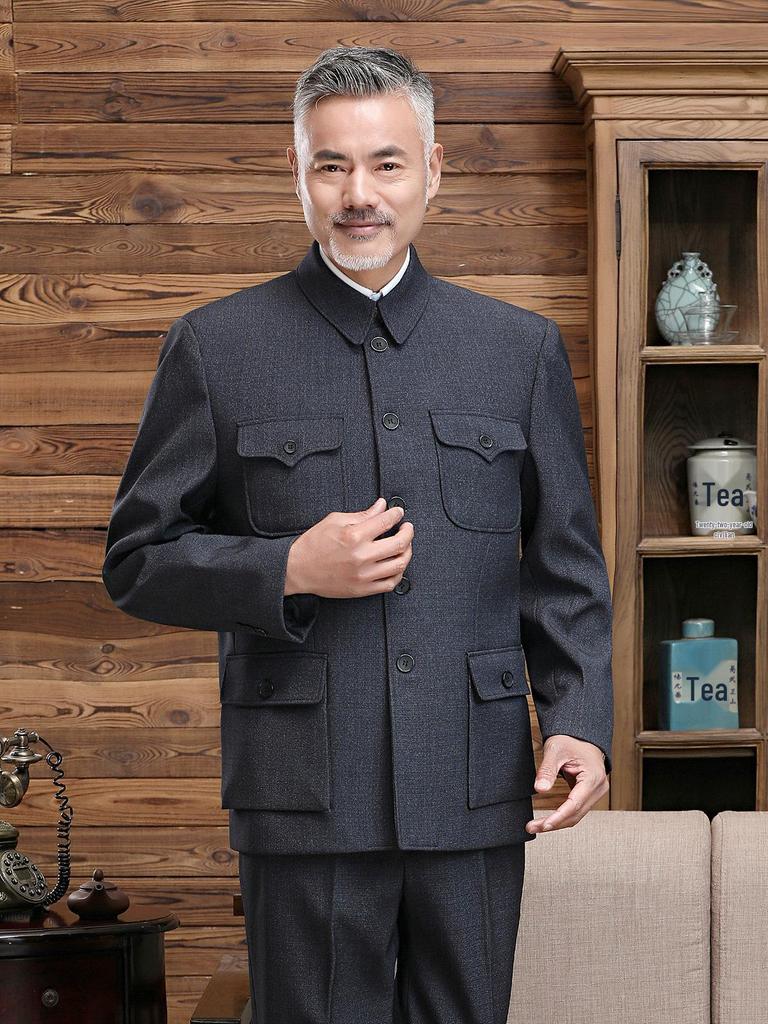 Completo Giacca Zhongshan con Velluto Taglie Forti - Abito Tang Stile Cinese da Uomo per Primavera e Autunno