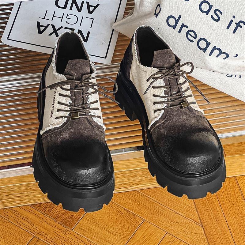 7cm Heig Men's Platform Derby Shoes Maillard Design Leather Casual Big Head Men's Shoes Heightening Thick-soled Sneakers for Men