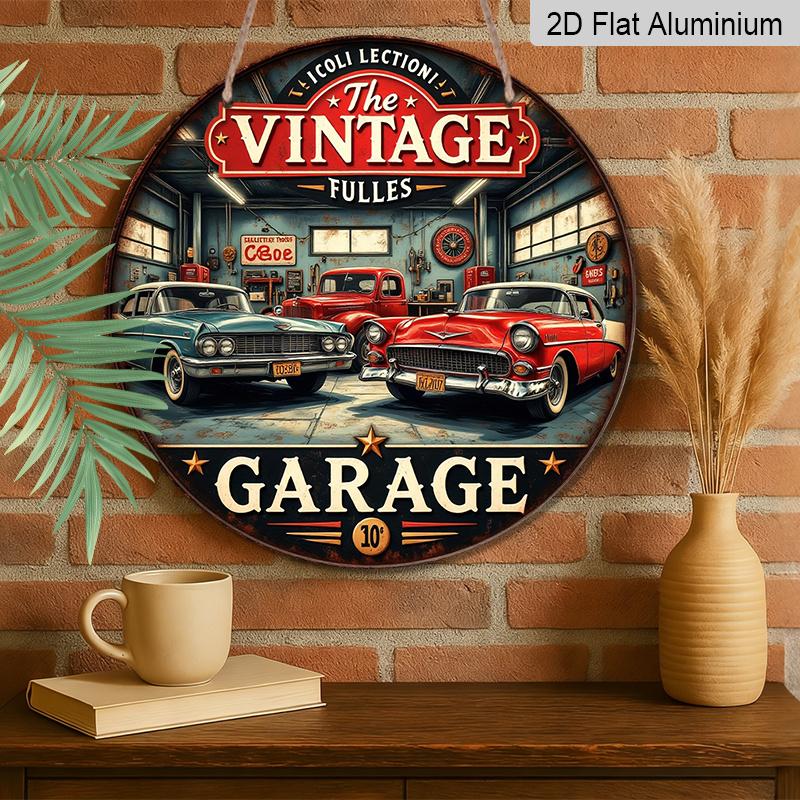 2D Flat, 1pc Vintage Aluminum Round Wall Plaque - Retro Garage Metal Sign with Classic Cars & Tools Design, Americana Decor for Bars, Cafes