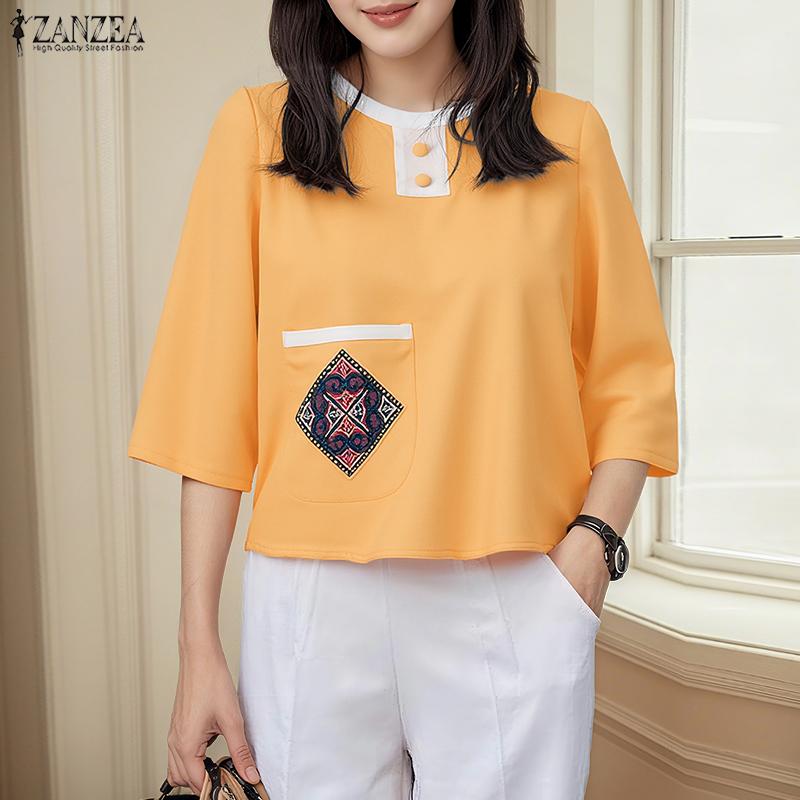 ZANZEA Women Casual Round Neck Summer 3/4 Sleeve Loose Blouse