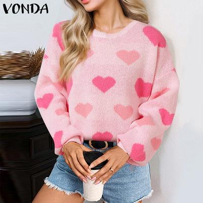 Maglioni a maniche lunghe con stampa a cuore e scollo rotondo autunnali da donna