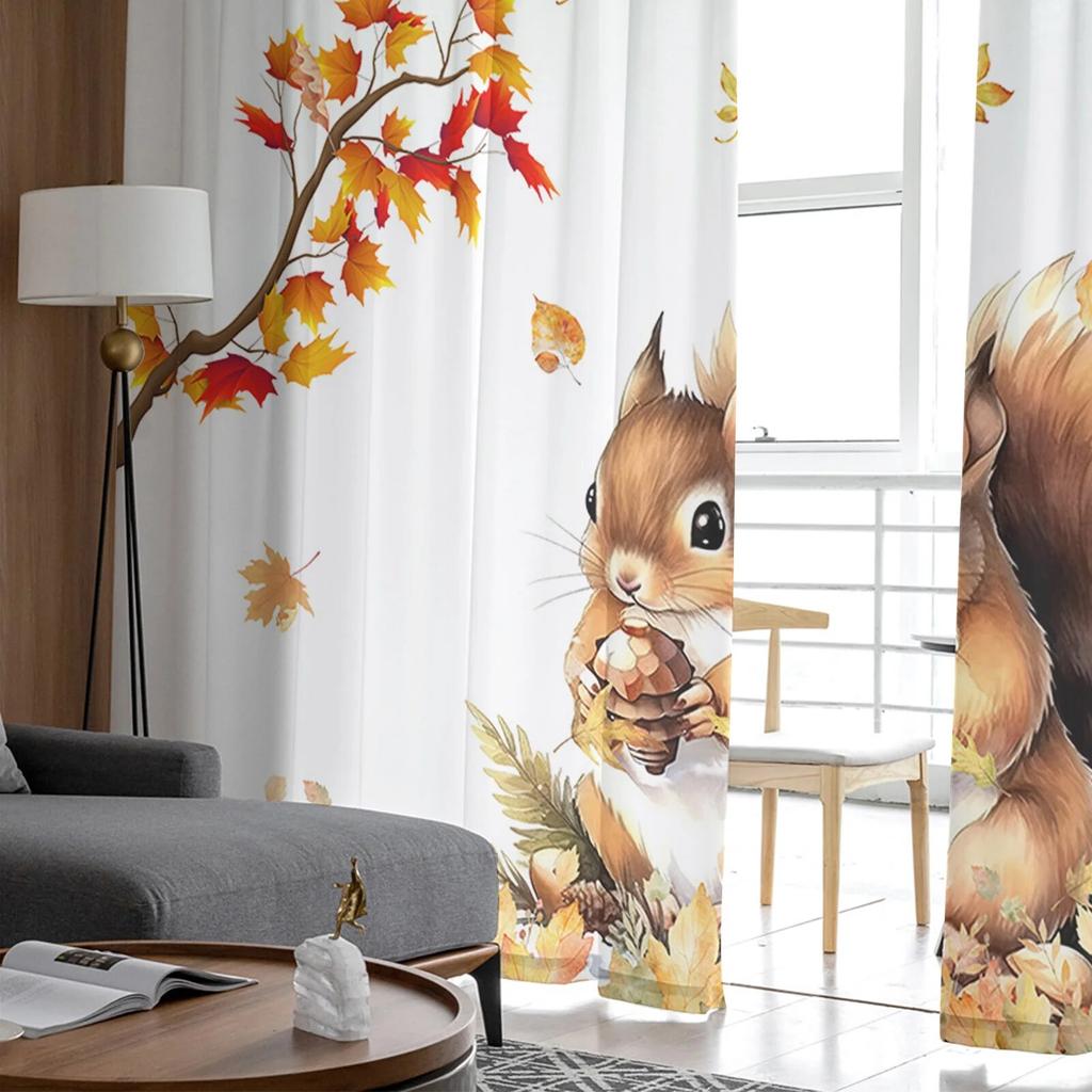 Herbst Eichhörnchen Ahornblatt Gardinen für Wohnzimmer Schlafzimmer Tüll Vorhang für Küche Voile Vorhang Blindplatten