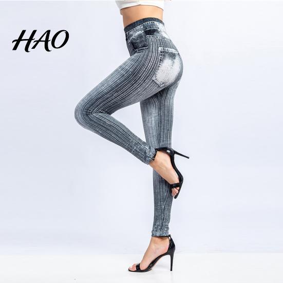 Fake Jeans Imitation Leggings Printed Super Elastic Women Faux Denim Pants High Waist Butt Lift Cropped Streetwear