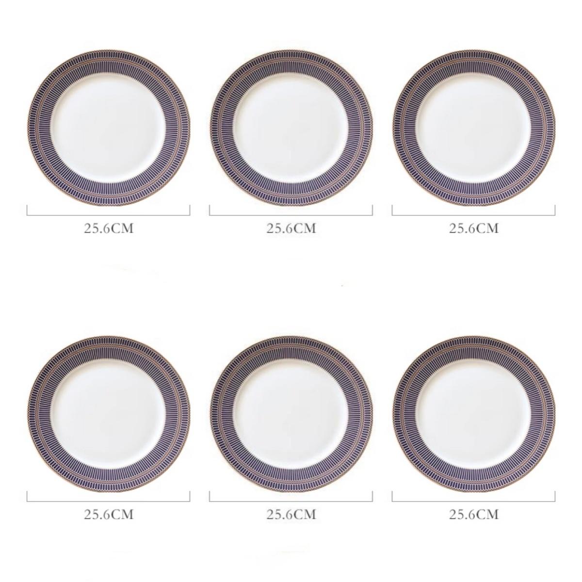

Наборы обеденных тарелок из тонкого костяного фарфора, Посуда в стиле легкой роскоши с полосатым узором и позолоченным краем, Фарфоровая столовая посуда Круглый набор из 6