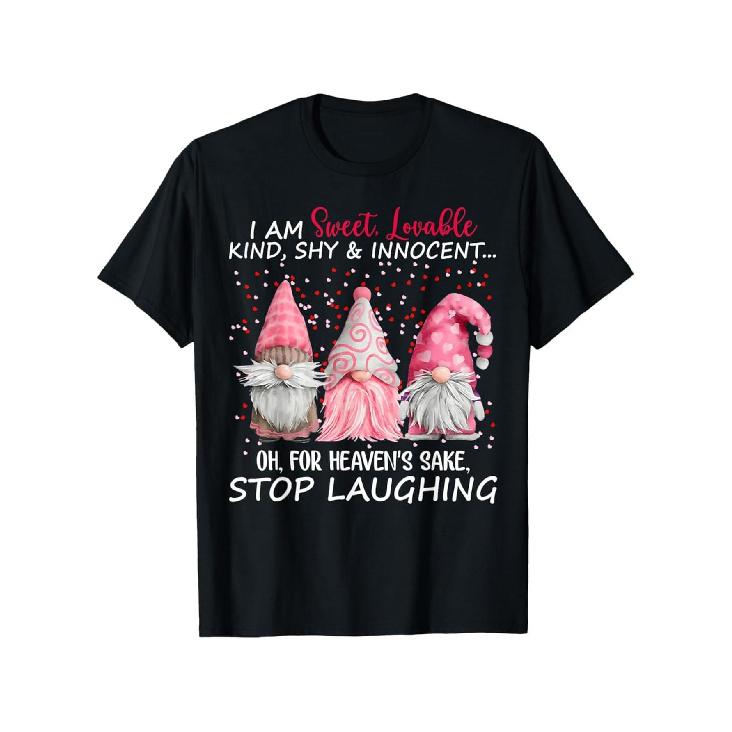 Funny Gnome T-Shirt for s - Sweet Lovable Kind Shy Innocent Slogan with Pink Gnome & Hearts Design, Soft Cotton Casual Streetwear, Stop Laughing S чёрный