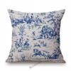 Navy Blue Delft Blue Toile De Jouy Pattern Design Royal Elegant Home Decorative Sofa Throw Pillowcase Cotton Linen Cushion Cover