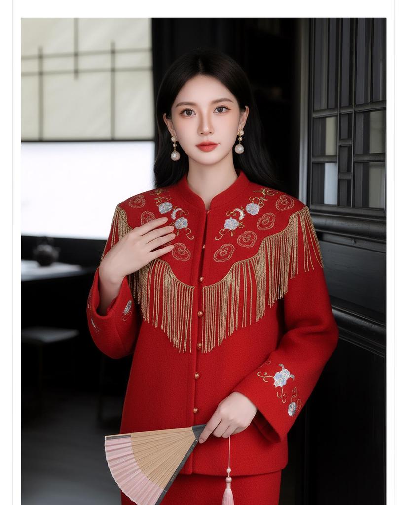 Winter 2026 Red High-End Double-Sided Wool Coat and Skirt Suit for Women, Chinese Style - NY033.