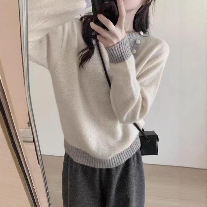 Contrasting color lapel sweater women's winter loose and gentle wind design sense unique knitted backing inner top thick