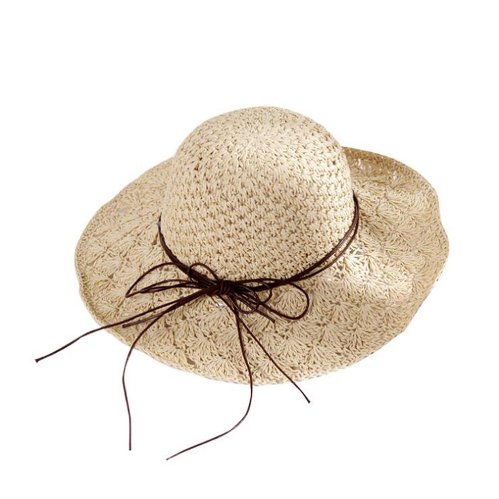 

Women Hollow Straw Bowknot Foldable Sunscreen Outdoor Breathable Cap Beige #1