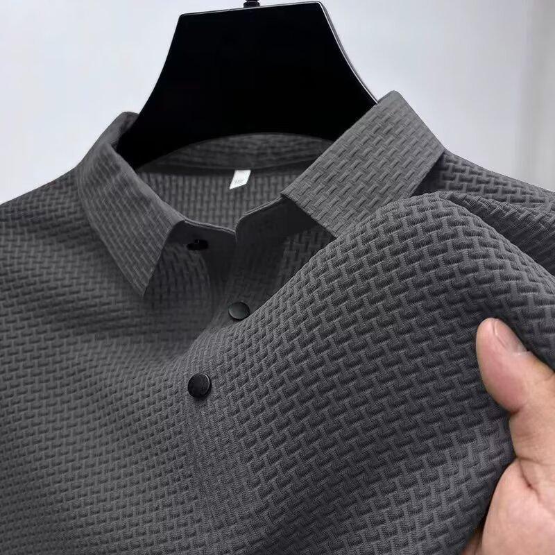High End Mesh Ice Silk Short Sleeved T-shirt for Men's Shirt Collar, Summer Solid Color New Sliding Polo Shirt, Half Sleeved Men's Clothing