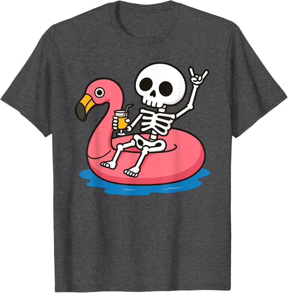 Skelett schwimmt auf Flamingo aufblasbarem Ring Sommerurlaub Grafik T-Shirt Lässiges Kurzarm Rundhals T-Shirt