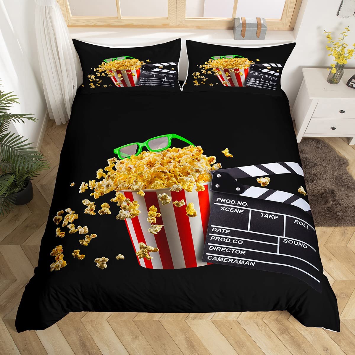 

Movie Duvet Cover Twin King Clapper Film Tape Bedding Set 3D Stereo Glasses Box Of Popcorn Comforter Cover Geometric Quilt Cover EU Single(135x200cm)