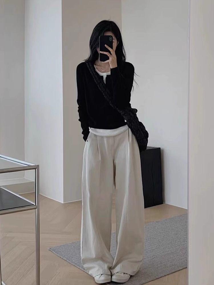 Two-Piece Effect Plus Size Black Long Sleeve T-Shirt - Women's Korean Style Irregular Patchwork Slimming Top