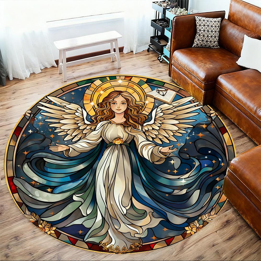 1pc Angel Stained Glass Round Chair mat office Area Rug - Non-Slip, Floor Mat for Office, Bedroom, Ideal home decor gift c0112130