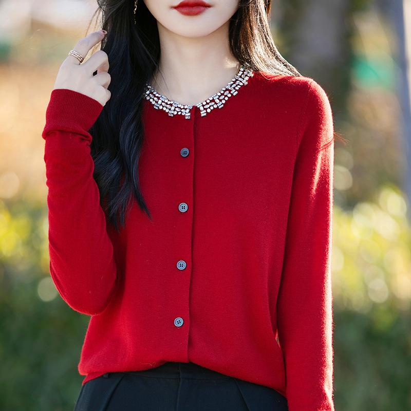 Autumn And Winter New Silk Wool Cardigan Women'S Crew Neck Crystal Diamond Sweater Loose Knit Backing Jacket Top