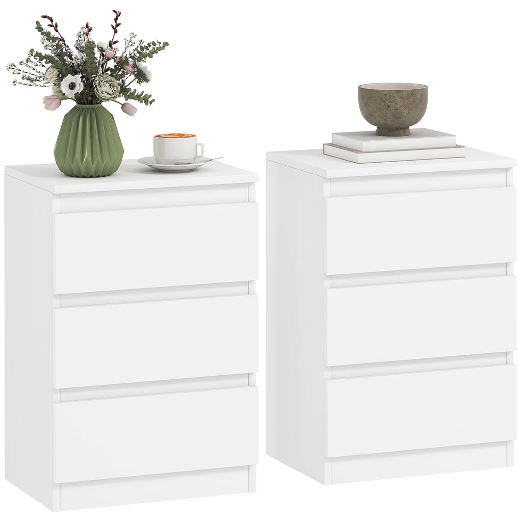 Set di 2 comodini, 3 cassetti, Design senza maniglie, Aspetto legno, Bianco
